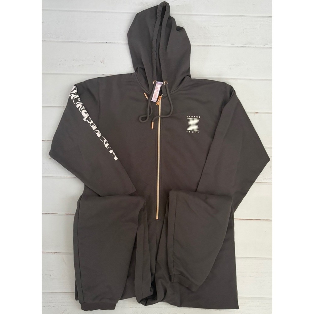 Savage X Fenty Forever Savage Hooded Jumpsuit One Piece Sz Med Black Grey